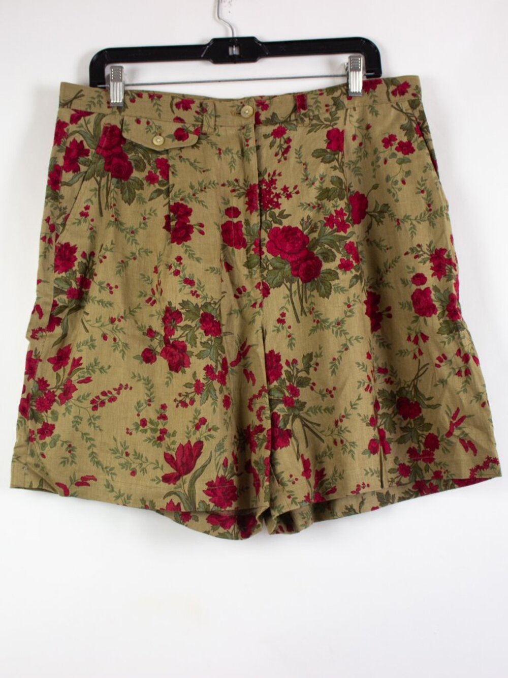 RALPH LAUREN Vintage 90’s Pleated Red Floral Zip Front Tan Linen Shorts Sz 14